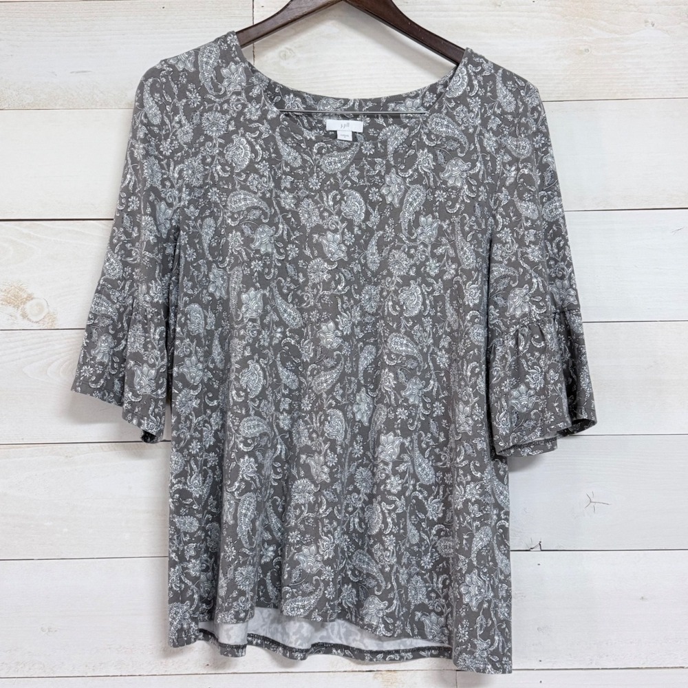 J. Jill Grey Paisley‎ Floral Ruffle Bell Sleeve Knit Top Small Boho Scoop Neck